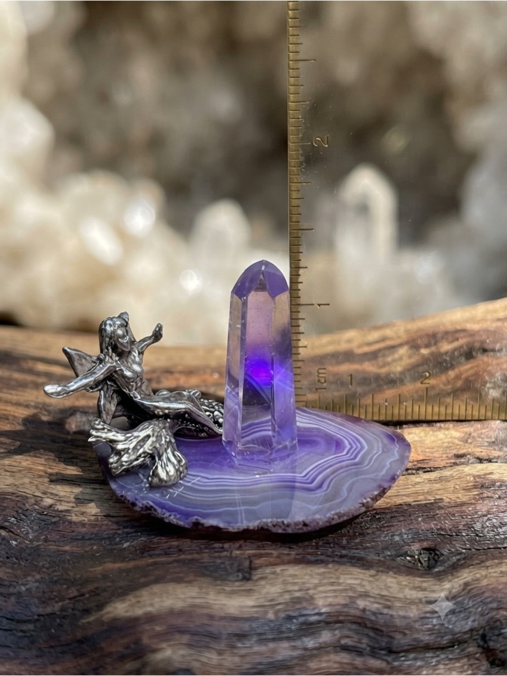 Purple Agate Slice Crystal Point with Pewter Fairy Accent NWOT